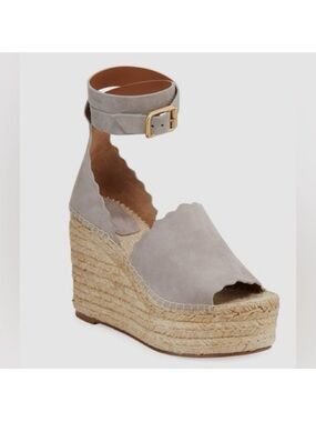 Chloe Light Gray Suede Espadrille Wedge Sandals with Ankle Strap